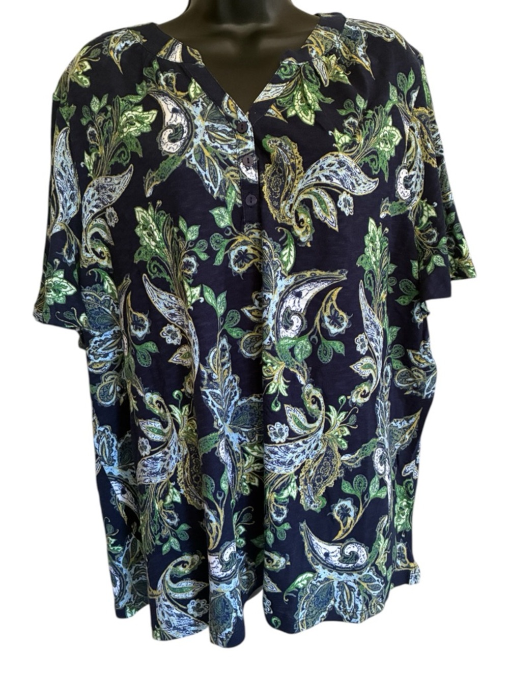 NWOT Denim & Co Navy Paisley Button-Front T-Shirt - Size 2X